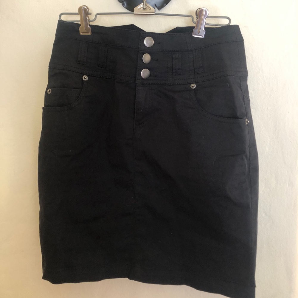 High waisted black denim pencil skirt